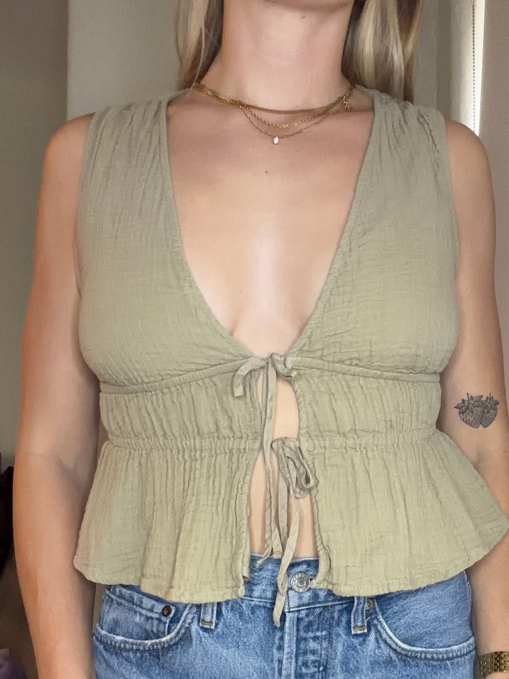 Aritzia Olive Green Smocked Peplum Tank